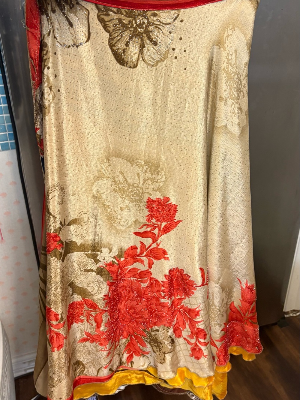 Gorgeous 2 layer Gold and Red Floral reversible sari skirt from Darn Good Yarn